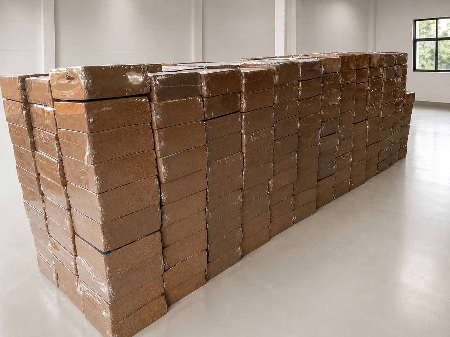 Compressed coco peat 5kg blocks stacked and ready for export